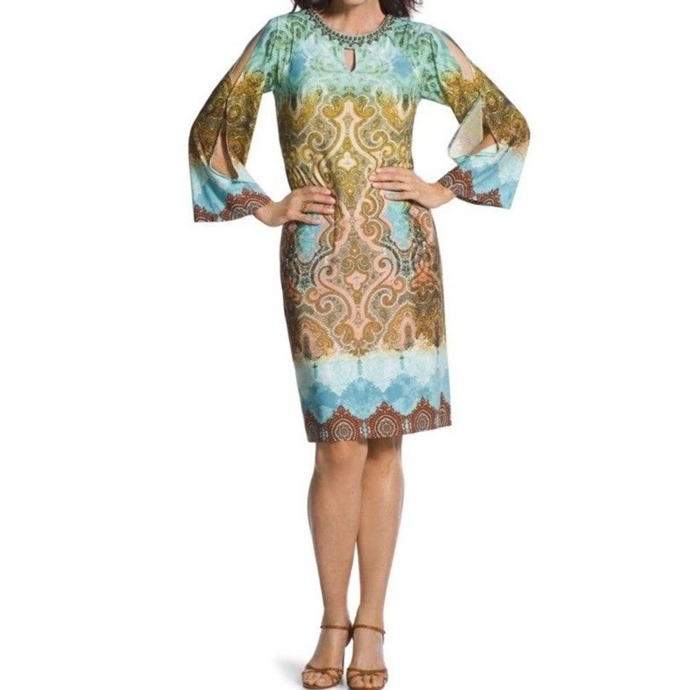 Chico's Shift Dress 0 Small 4 6 Teal Paisley Embellished Beaded BOHO Western